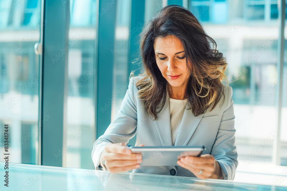Fototapeta premium A middle-aged businesswoman reviewing financial reports on her tablet device while seated at a minimalist glass desk in a contemporary office setting
