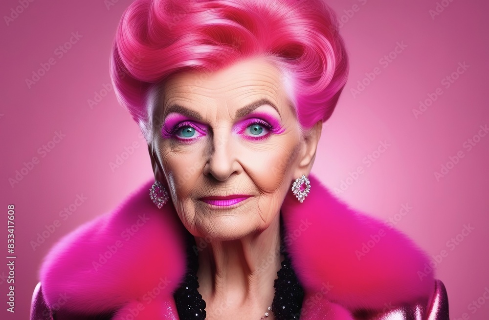 portrait of old woman with pink make up and hair artistically styled, pink background. concepts: unusual old people, bright old age,vibrant senior-lifestyle, creative self-expression, individuality.