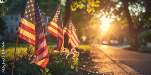American flags displayed on a sunny neighborhood street during sunset, creating a warm and patriotic atmosphere with vibrant colors and a sense of community pride
 photo
