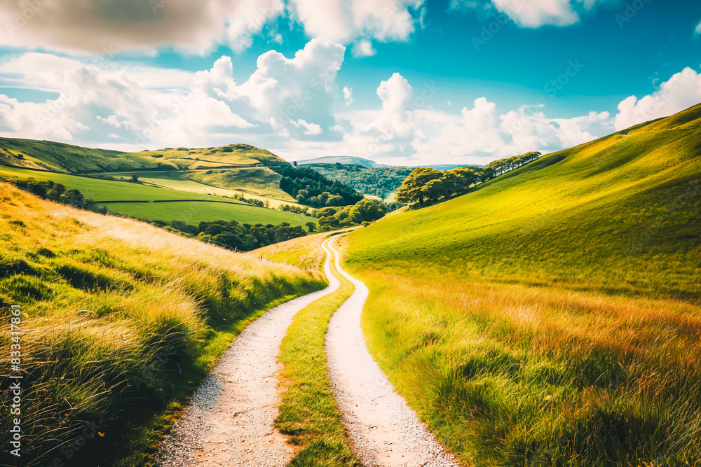 Naklejka premium A picturesque countryside landscape with rolling hills and a winding country road disappearing into the distance.