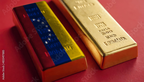 A gold bar with the Venezuela flag imprinted on it sits next to a plain gold bar on a red background, representing economic strength and patriotism photo