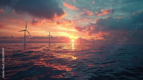 Landscape photo of 5 windmills in the middle of the ocean, natural lighting, getty images, sunset. copy space for text. photo