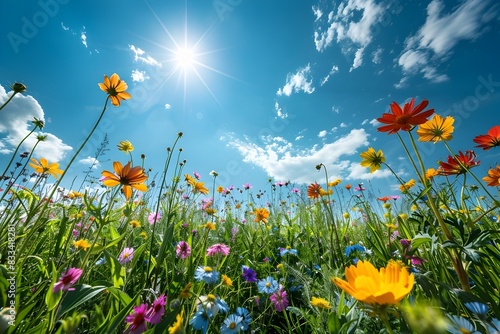 Vibrant Spring Meadow with Blooming Wildflowers and Bright Blue Sky