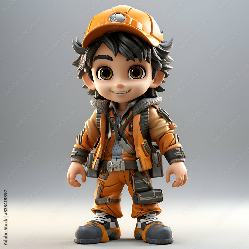 Cute boy construction worker in orange overalls and helmet 3D Rendering Cute boy construction worker in orange overalls and helmet 3D Rendering