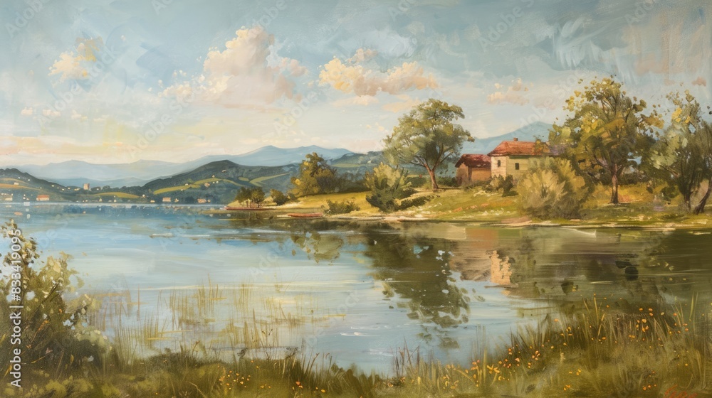 A Serene Lake Landscape with Houses Along the Shoreline

