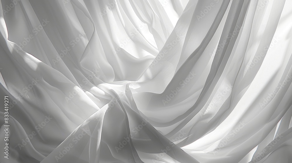 Fototapeta premium White curtain waving and casting gentle shadows fabric forming graceful curved patterns Abstract backdrop isolated with room for text