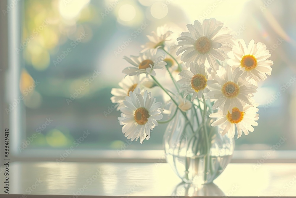 Tranquil Morning Light with Fresh Daisy Arrangement on Window Sill Tranquil Morning Light with Fresh Daisy Arrangement on Window Sill