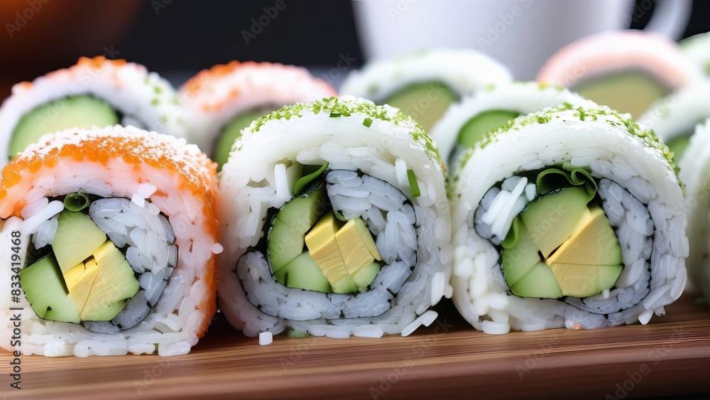 Sushi rolls filled with salmon, avocado, and cucumber, wrapped in rice and sprinkled with sesame seeds, presented on a white plate. The sesame seeds add a crunchy texture to the sushi Sushi rolls filled with salmon, avocado, and cucumber, wrapped in rice and sprinkled with sesame seeds, presented on a white plate. The sesame seeds add a crunchy texture to the sushi