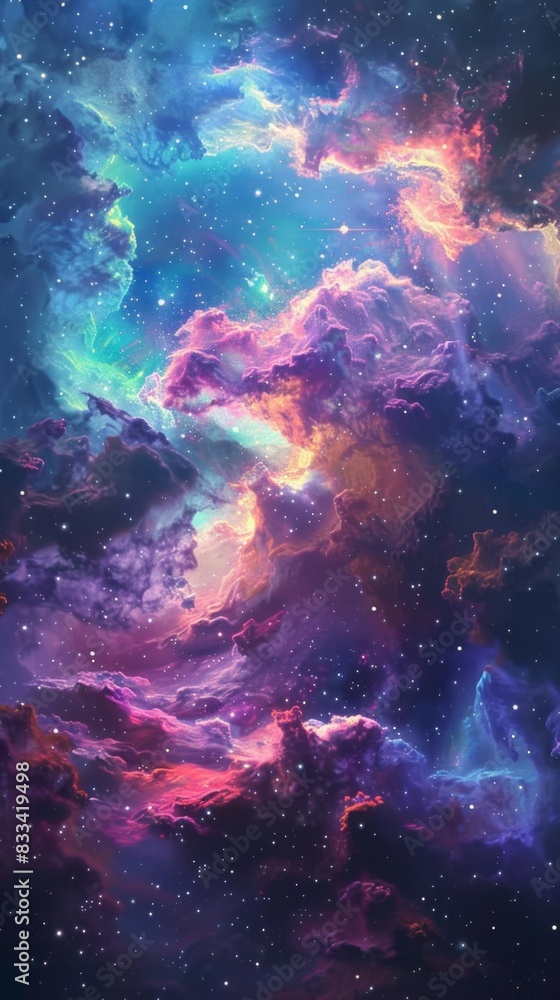 This image features a stunning nebula with vibrant clouds of blue, purple, and pink gases. Stars are scattered across the scene, adding a sparkling effect to the cosmic landscape.