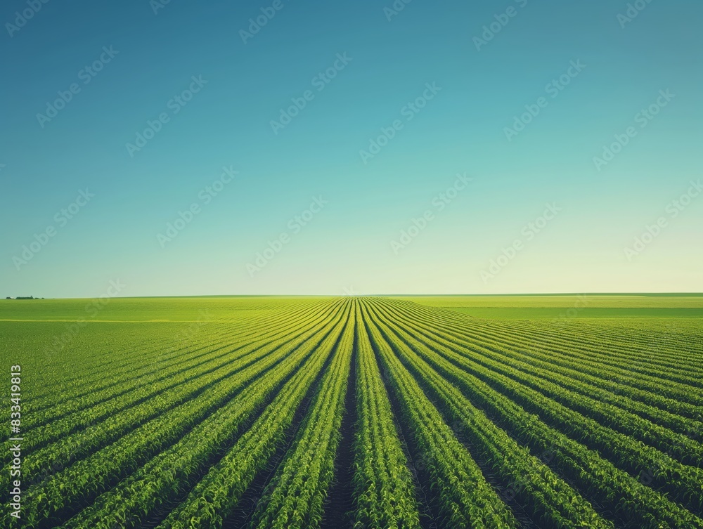 A vast, green agricultural field with perfectly aligned rows of crops stretches to the horizon under a clear blue sky