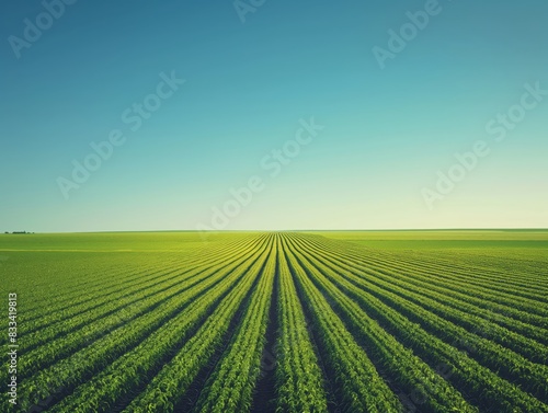 A vast  green agricultural field with perfectly aligned rows of crops stretches to the horizon under a clear blue sky