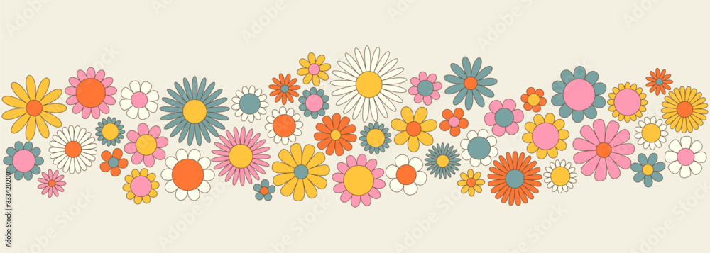 Daisy sticker pack in trendy retro trippy style. On the black background. Hippie 60s, 70s. Flower floral cartoon banner