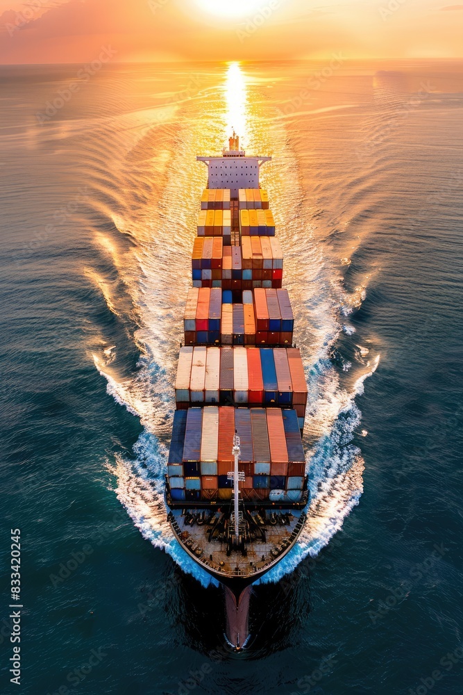 Fototapeta premium Navigating the Global Market: A Container Ship Glides Across the Horizon at Full Speed, Symbolizing the International Movement of Goods for Import and Export as Day Turns to Dusk.