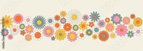 Daisy sticker pack in trendy retro trippy style. On the black background. Hippie 60s, 70s. Flower floral cartoon banner
