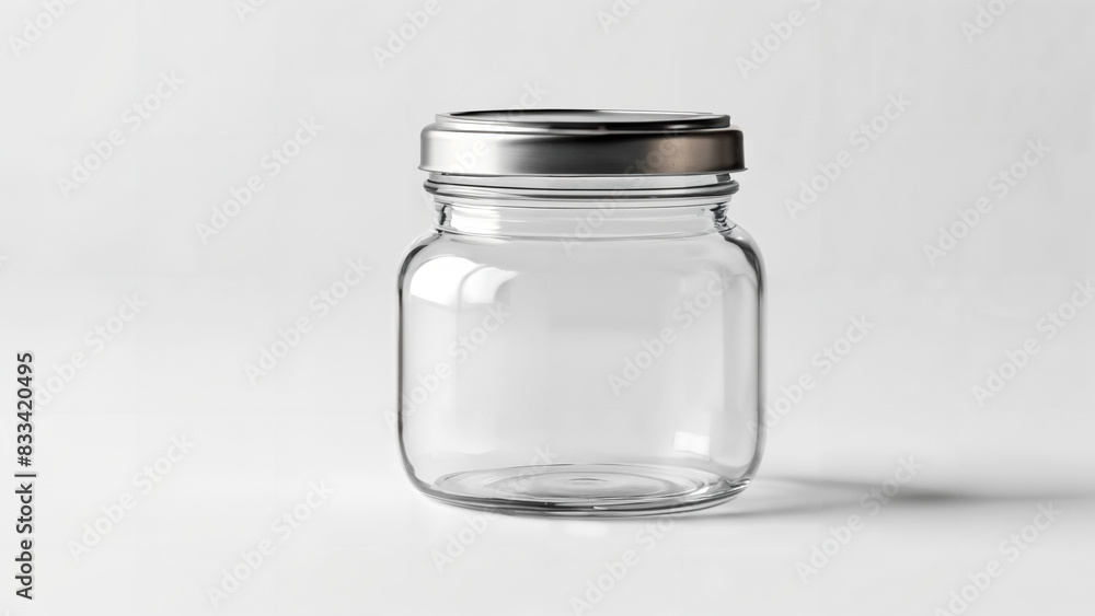 Empty transparent glass jar with metal lid mockup isolated on white background Empty transparent glass jar with metal lid mockup isolated on white background