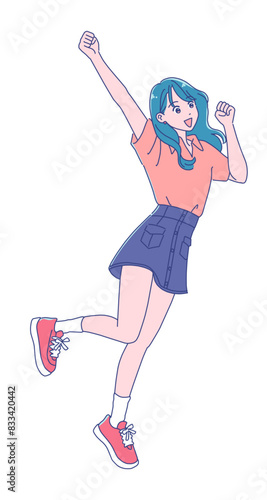 元気にジャンプするアニメ調の若い女性