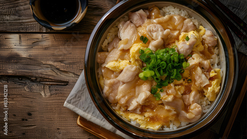 Chicken Donburi Oyakodon in the ceramic bowl, Chicken and Egg Bowl top view. Cooked with chicken and onions simmered with egg in a dashi-based sauce, served over rice, on the cozy wood table. photo