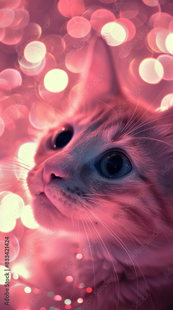 Fototapeta premium close-up image of a cat's face illuminated by a dreamy pink light