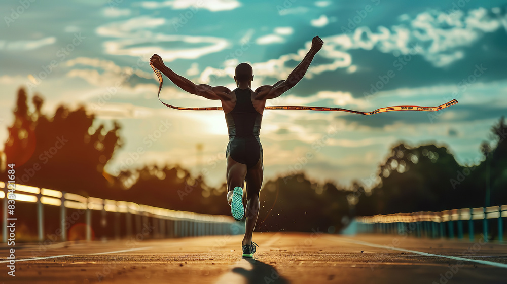 An athlete crossing the finish line with his arms raised