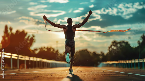 Obraz na płótnie An athlete crossing the finish line with his arms raised w salonie