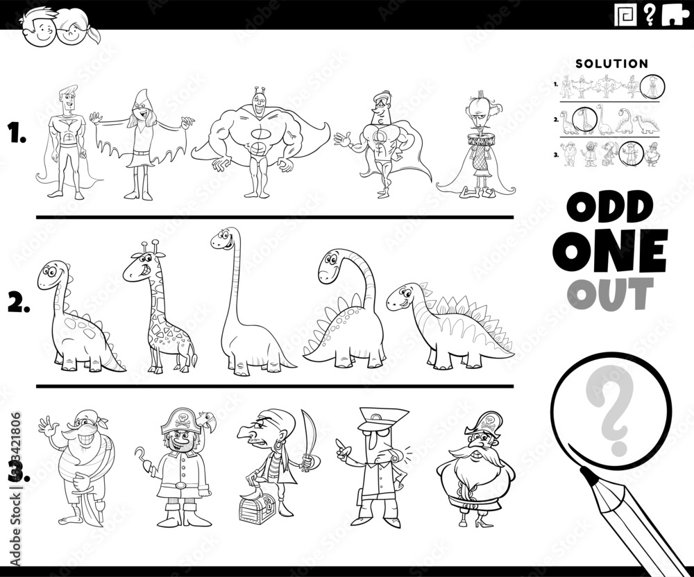 Fototapeta premium odd one out game with cartoon characters coloring page