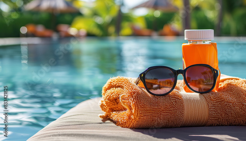 Beach towels, sunglasses and sunscreen on sun lounger near outdoor swimming pool at luxury resort photo
