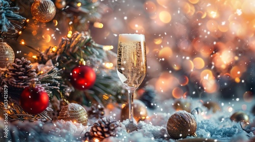 Sparkling champagne flute sits atop a snow-dusted table, surrounded by festive ornaments, in front of a glowing christmas tree, against a snowy winter backdrop. photo