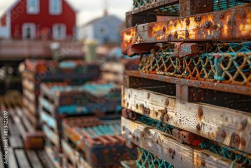 Close-Up View of Lobster Traps Stacked in the Harbor: Exploring the Intricate Details of the Fishing Industry's Vital Equipment.

 photo