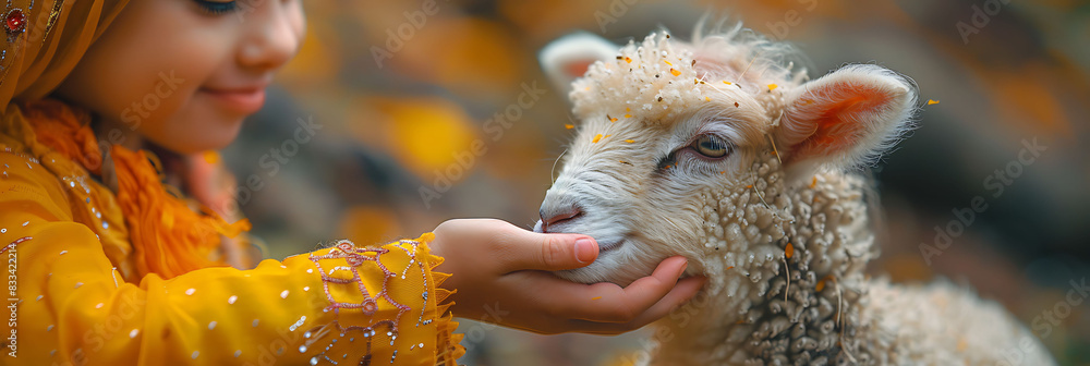 Obraz premium closeup of a child's hand petting a lamb at an EidalAdha festival captured with a macro lens to highlight the interaction and the tenderness of the moment using vibrant color processing
