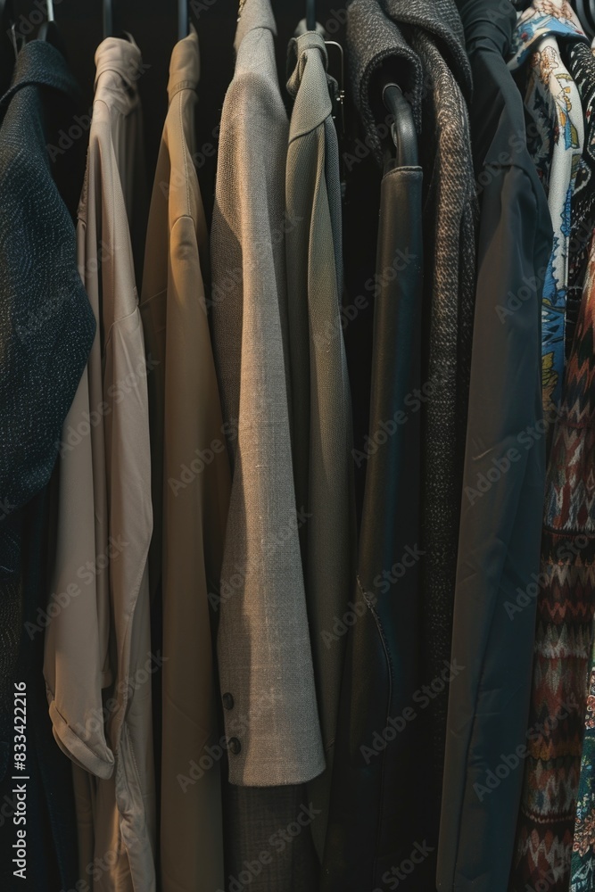 A rack of coats and jackets hanging on a wall, ideal for use in fashion or lifestyle images