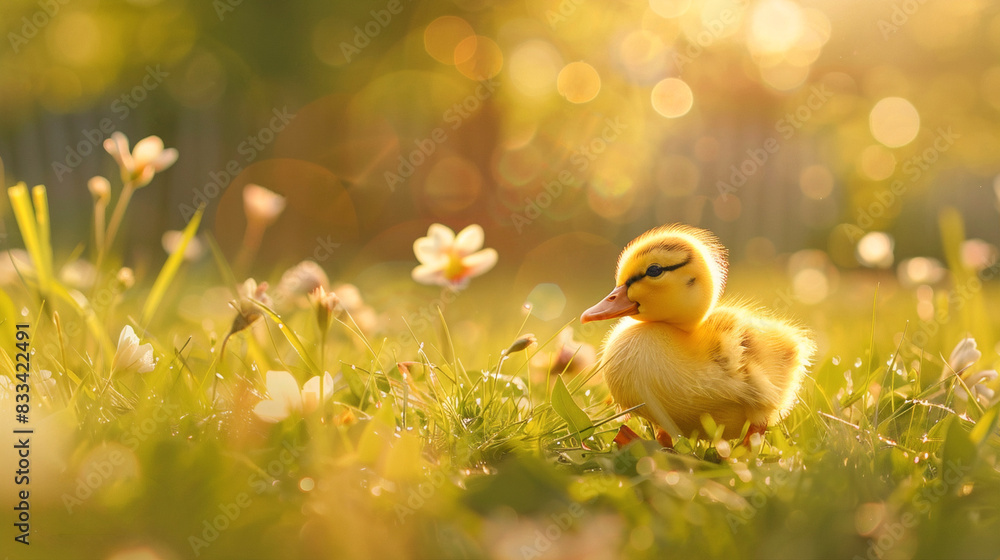 little duckling in a meadow with flowers in the sun little duckling in a meadow with flowers in the sun