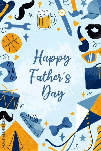 Vertical festive poster for Happy Father's Day. Contemporary design with male stuff and text. Grunge textured hat, kite, briefcase, bow tie, mustache, ball. Design for card, flyer, banner, cover
