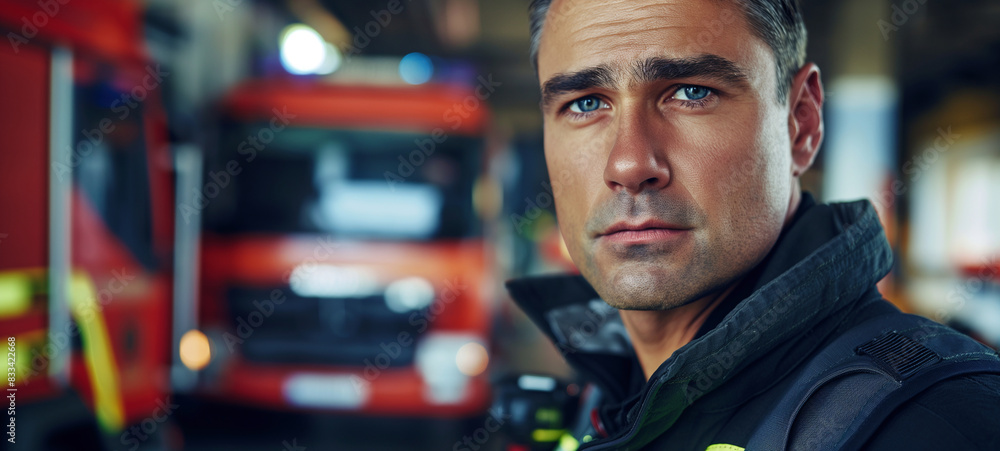 Portrait of a brave firefighter with a serious expression, standing in front of fire trucks, showcasing resilience and dedication. Perfect for emergency services, heroism, and public safety themes. Portrait of a brave firefighter with a serious expression, standing in front of fire trucks, showcasing resilience and dedication. Perfect for emergency services, heroism, and public safety themes.