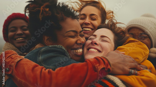 group of people of different races and cultures hugging each other with genuine smiles