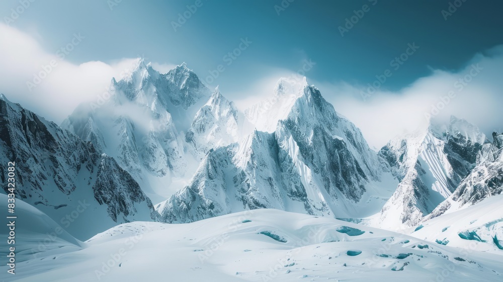 snow-capped mountain peaks touch the sky as rugged terrain stretches far and wide, with crevices and ice walls awaiting brave climbers. snow-capped mountain peaks touch the sky as rugged terrain stretches far and wide, with crevices and ice walls awaiting brave climbers.