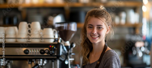 Smiling barista standing behind the coffee machine in a cozy cafe, ready to serve customers with freshly brewed coffee, creating a warm and inviting atmosphere perfect for coffee lovers.