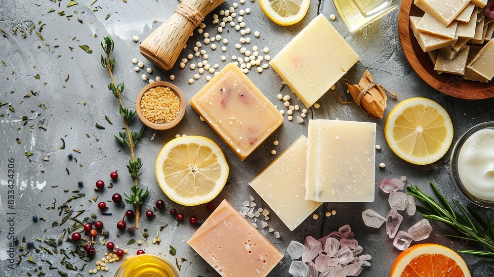 Handmade soap bars and ingredients on natural stone background, top view. Handmade organic soap concept Handmade soap bars and ingredients on natural stone background, top view. Handmade organic soap concept