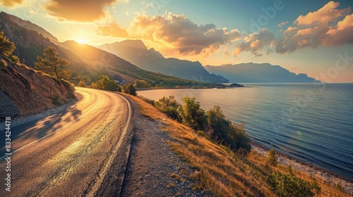 A scenic view of a road alongside the sea captured at sunrise photo