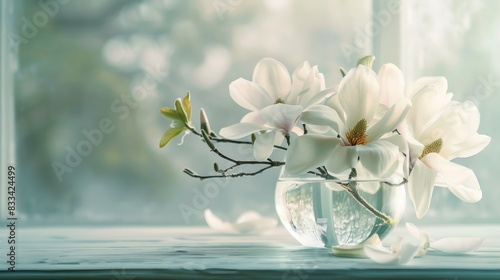 elegant glass vase overflowing with lush, creamy magnolia flowers, delicate white petals and greenery, against a soft, blurred background, evoking serenity and sophistication. photo