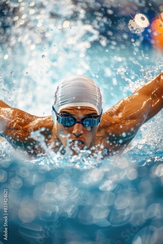 A person swimming in an indoor pool while wearing goggles, great for use in fitness or sports-related contexts