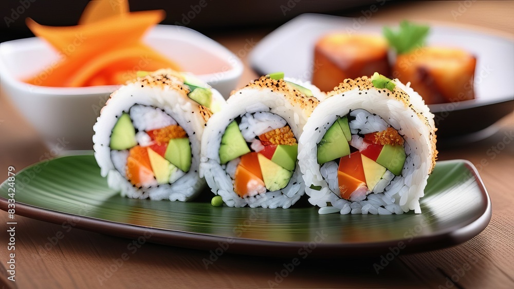 Sushi rolls filled with fresh vegetables and fish, presented on a banana leaf. The vibrant colors of the ingredients stand out against the green leaf, creating an appetizing and exotic presentation Sushi rolls filled with fresh vegetables and fish, presented on a banana leaf. The vibrant colors of the ingredients stand out against the green leaf, creating an appetizing and exotic presentation