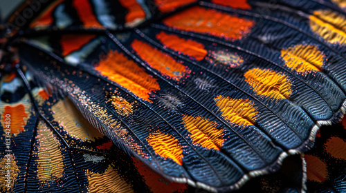 A butterfly wing with a mix of blue, green, and orange colors.