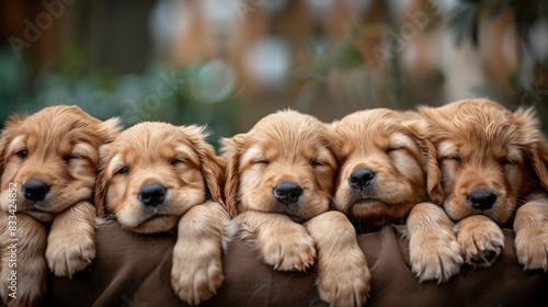 Adorable litter of five golden retriever puppies snuggle together, their fluffy coats and big brown eyes shining with innocence and playful curiosity. photo