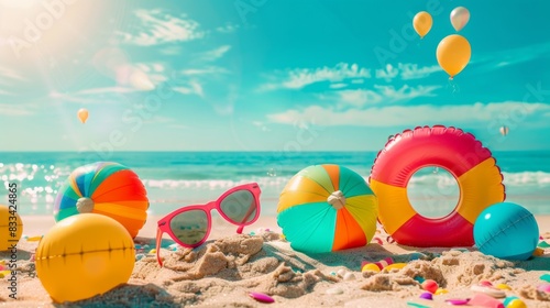 Vibrant summer scene featuring colorful inflatables, beach balls, and sunglasses scattered on a sunny beach, capturing the essence of carefree youthful joy.