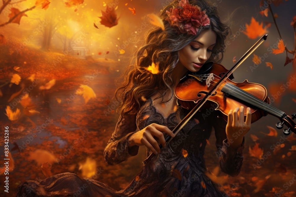 Fototapeta premium The captivating performance of a talented female violinist in an enchanting outdoor autumn setting with vibrant foliage and serene nature