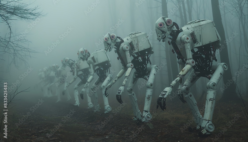 Fototapeta premium A line of humanoid robots marches through a foggy forest.