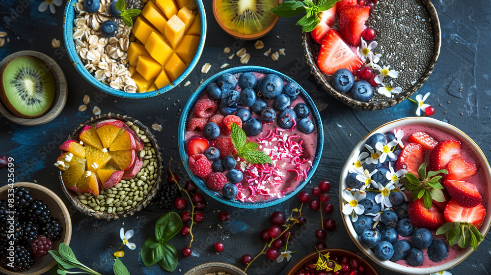 Aesthetic Flatlay of Colorful Smoothie Bowls and Fresh Fruits for Breakfast, horizontal orientation, on neutral dark surface Aesthetic Flatlay of Colorful Smoothie Bowls and Fresh Fruits for Breakfast, horizontal orientation, on neutral dark surface