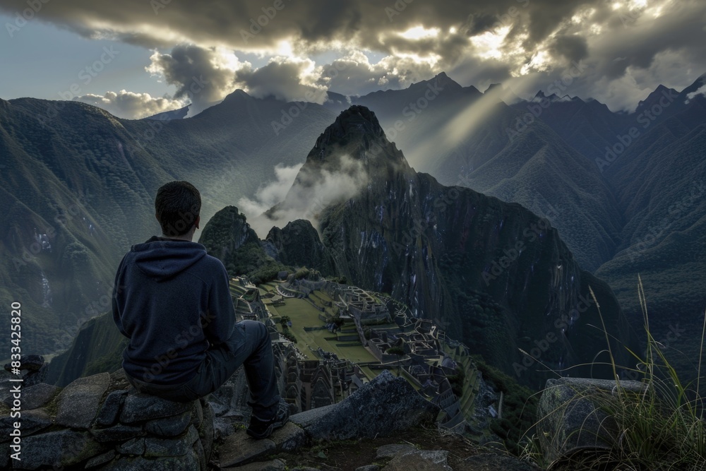 A man sitting atop a mountain with a breathtaking view of the valley below, perfect for use in travel or outdoor adventure contexts A man sitting atop a mountain with a breathtaking view of the valley below, perfect for use in travel or outdoor adventure contexts