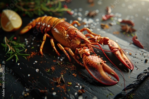 A single lobster sitting on a black plate, ready to be served