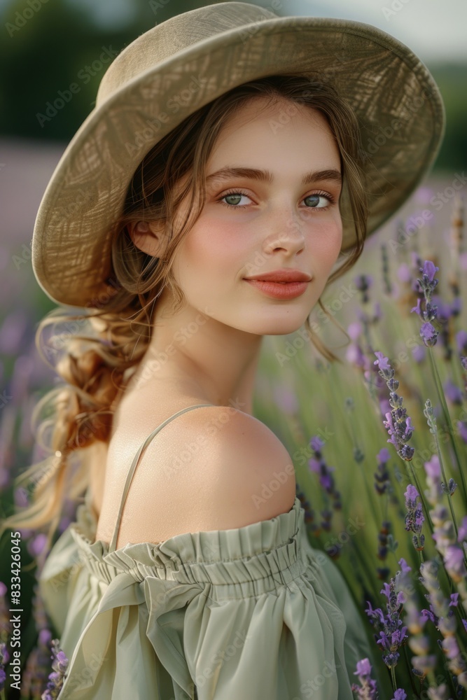 Fototapeta premium A woman stands in a field of lavender, wearing a hat and enjoying the scenery